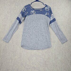 Heather Gray & Navy Floral Color Block Long Sleeve Top Womens Small Knit Fabric